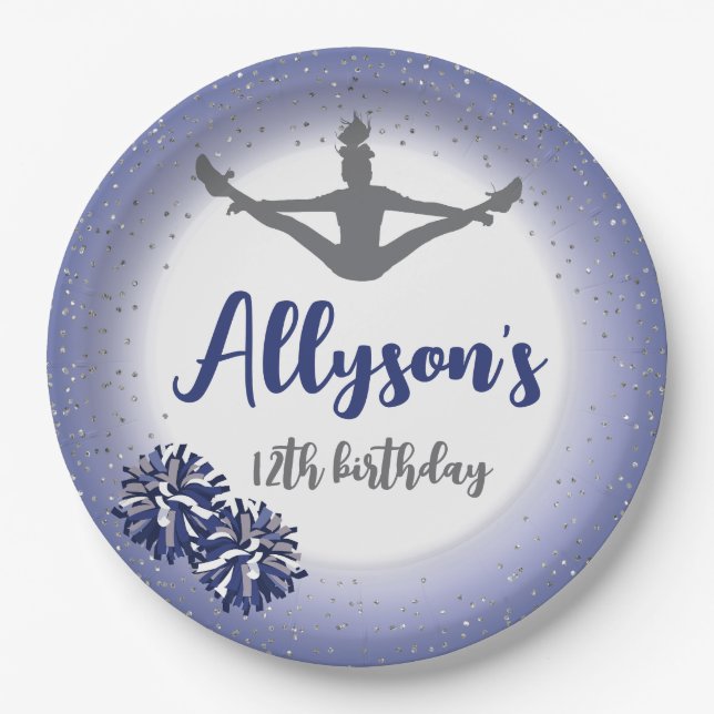 Cheerleading Birthday Party, Any Age Navy Blue Paper Plate (Front)