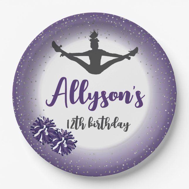 Cheerleading Birthday Party, Any Age Purple Paper Plate (Front)