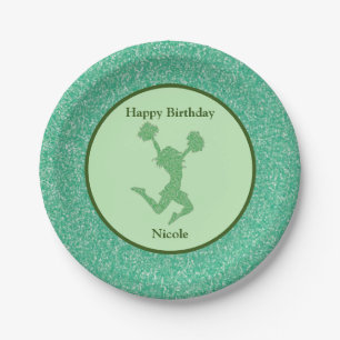 Cheerleading Birthday Party Green Sparkle Paper Plate