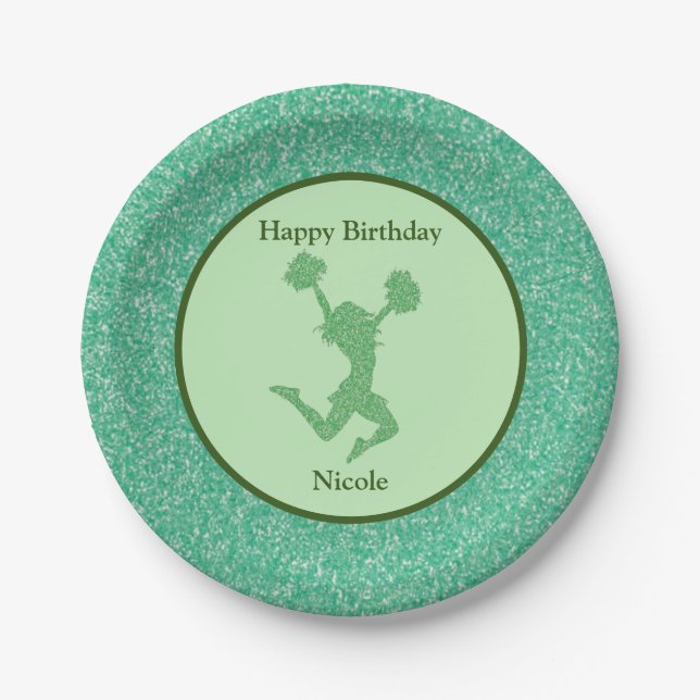 Cheerleading Birthday Party Green Sparkle Paper Plate (Front)