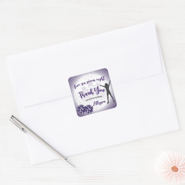 Cheerleading Birthday Party Purple Thank You Favou Square Sticker (Envelope)