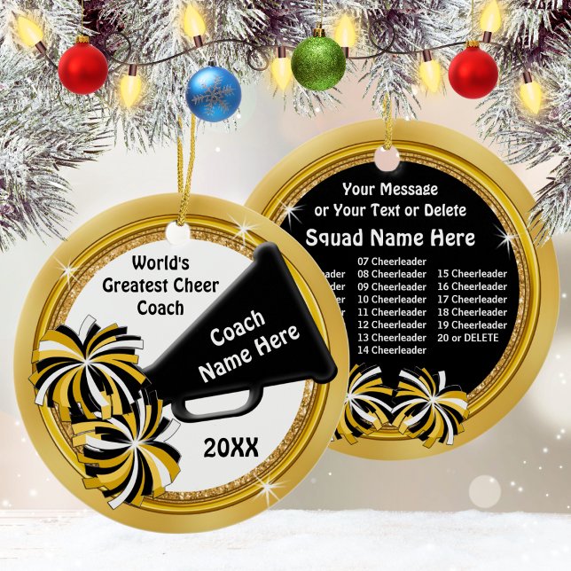 Cheerleading Coach Gift Ideas, Personalised Ceramic Tree Decoration (Cheer coach Christmas gifts. Personalized Cheer Coach Gifts. Black Gold White, Cheer Coach Ornament.)