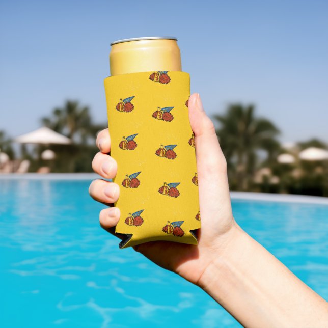 Cheerleading gear on yellow seltzer can cooler (In Situ Pool)