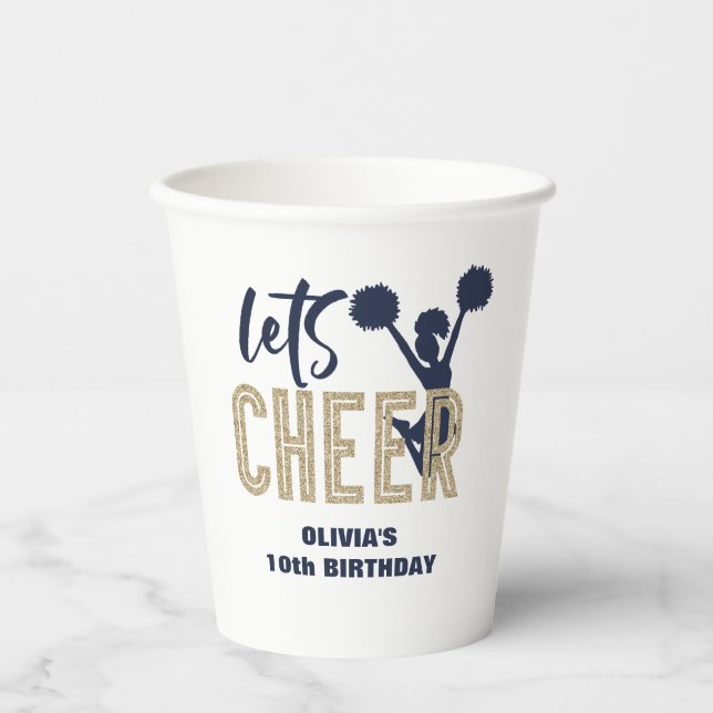 Cheerleading Gold and Navy Cheer Birthday Paper Cups (Front)