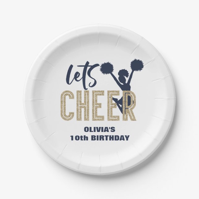 Cheerleading Gold and Navy Cheer Birthday Paper Plate (Front)