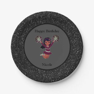 Cheerleading "Happy Birthday" Black Sparkle Paper Plate