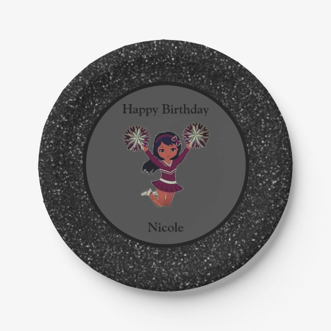 Cheerleading "Happy Birthday" Black Sparkle Paper Plate (Front)