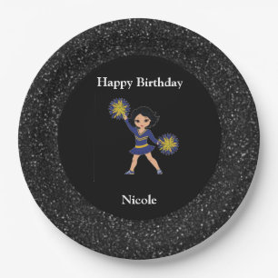 Cheerleading "Happy Birthday" Black Sparkle Paper Plate