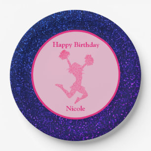 Cheerleading "Happy Birthday" Blue Sparkle Paper Plate