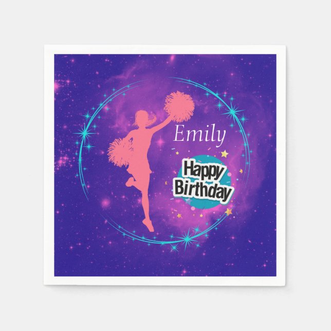 Cheerleading Happy Birthday Galaxy Personalised   Napkin (Front)