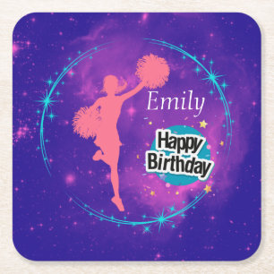 Cheerleading Happy Birthday Galaxy Personalised   Square Paper Coaster