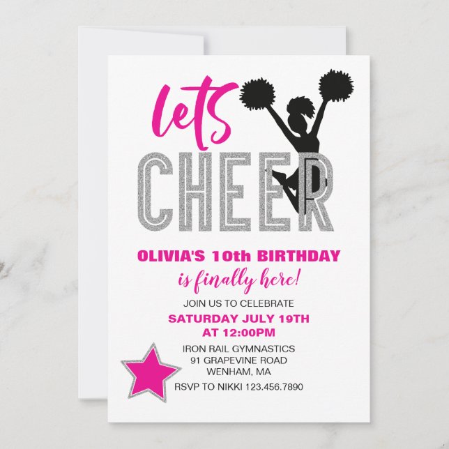 Cheerleading Pink Silver Black Cheer Birthday Invitation (Front)