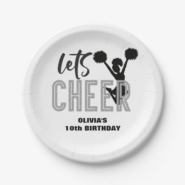 Cheerleading Silver and Black Cheer Birthday Paper Plate (Front)