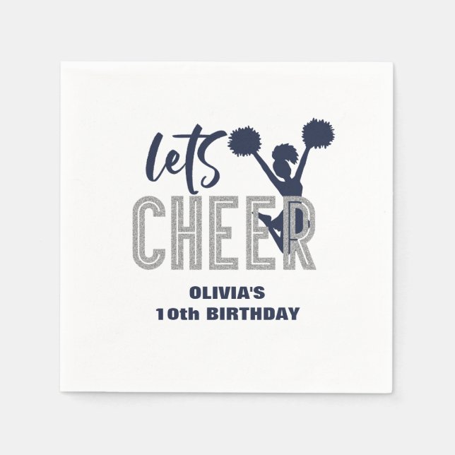 Cheerleading Silver and Navy Cheer Birthday Napkin (Front)