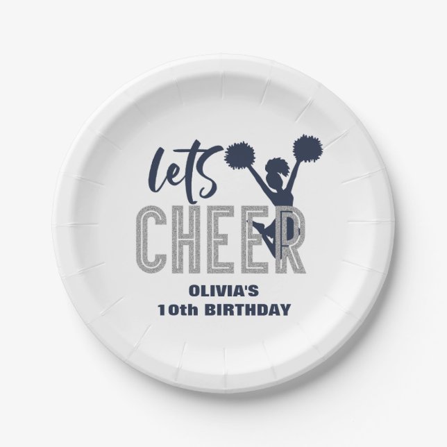 Cheerleading Silver and Navy Cheer Birthday Paper Plate (Front)