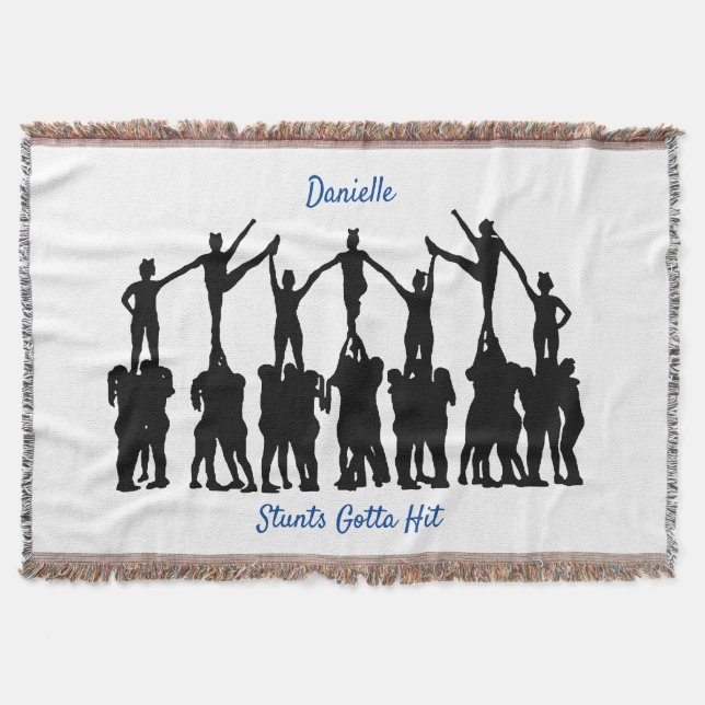 Cheerleading "Stunts Gotta Hit" Personalised White Throw Blanket (Front)