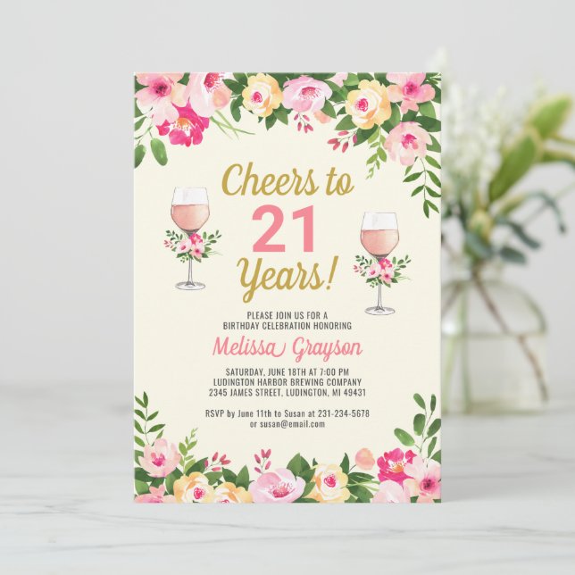 Cheers 21st Birthday Invitation Floral (Standing Front)