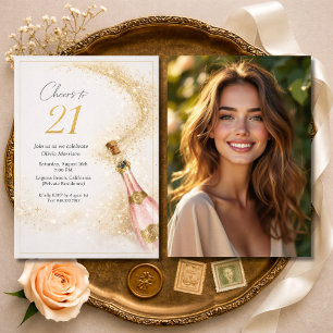 Cheers 21st Birthday Photo Pink Gold Champagne Invitation