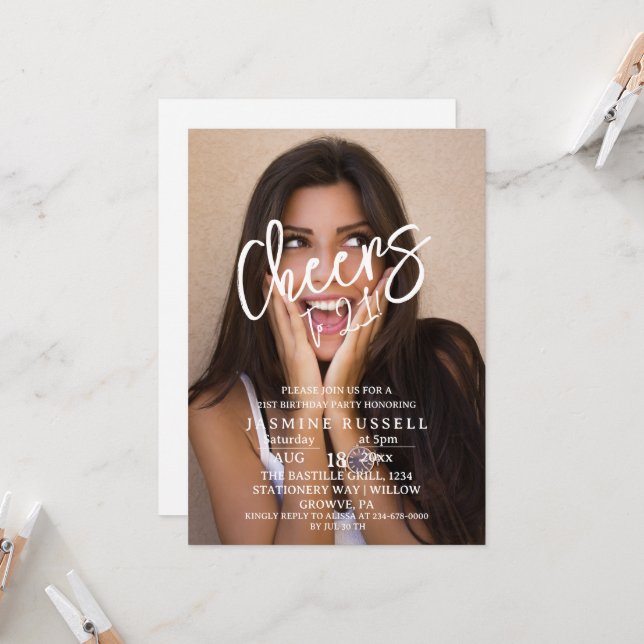 Cheers 21st Modern Photo Birthday For Her Invitation (Front/Back In Situ)