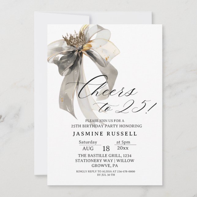 Cheers 25th Birthday Black and White Invitation (Front)