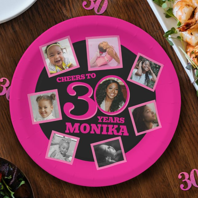 Cheers 30th Birthday 8 photo name pink black Paper Plate (Creator Uploaded)