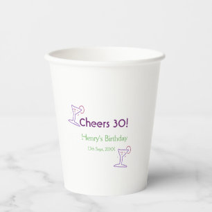 cheers 30th birthday name wine purple glass green paper cups
