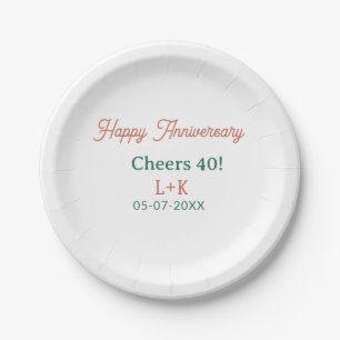 Cheers 40 happy anniversary orange green name date paper plate