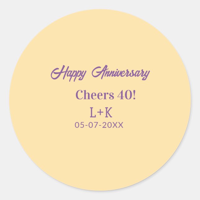 Cheers 40 happy anniversary purple orange pastel n classic round sticker (Front)