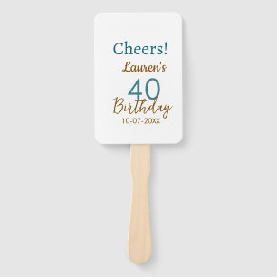 Cheers 40th birthday name date brown turquoise sim hand fan