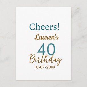 Cheers 40th birthday name date brown turquoise sim postcard