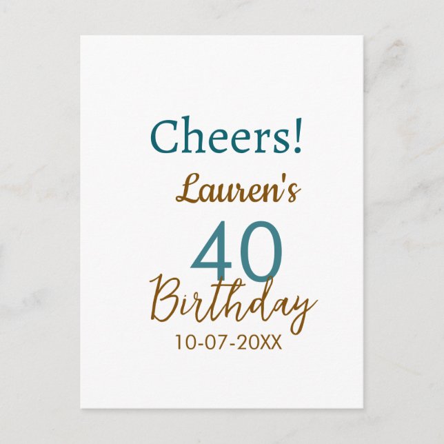 Cheers 40th birthday name date brown turquoise sim postcard (Front)