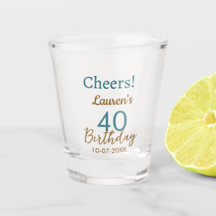 Cheers 40th birthday name date brown turquoise sim shot glass