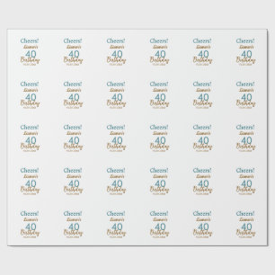 Cheers 40th birthday name date brown turquoise sim wrapping paper