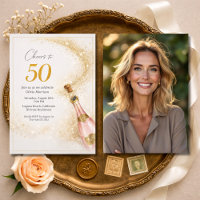 Cheers 50th Birthday Photo Pink Gold Champagne