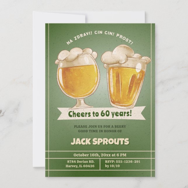 Cheers 60 Years Beer 60th Sixtieth Mens Birthday Invitation (Front)