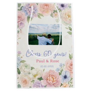 cheers 60 years purple pink pastel floral photo na medium gift bag