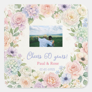 cheers 60 years purple pink pastel floral photo na square sticker