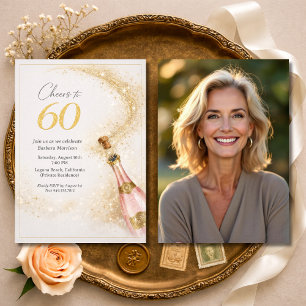 Cheers 60th Birthday Photo Pink Gold Champagne Invitation