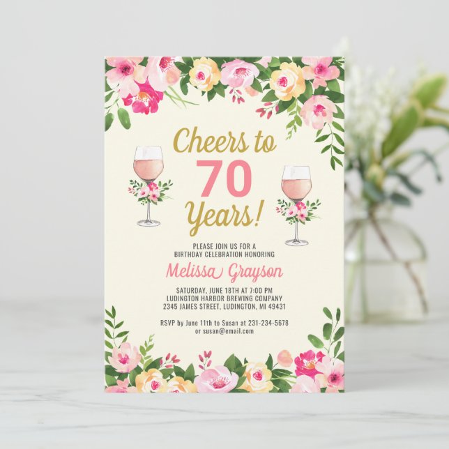 Cheers 70th Birthday Invitation Feminine Floral (Standing Front)