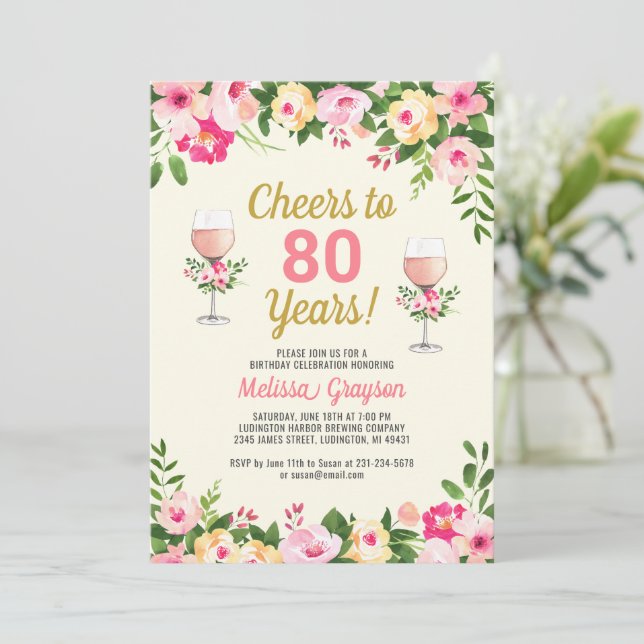 Cheers 80th Birthday Invitation Feminine Floral (Standing Front)