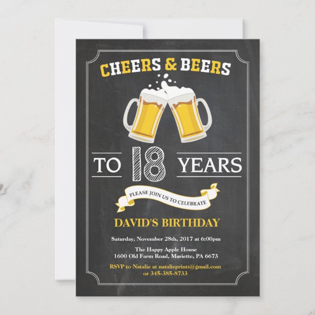 Cheers and Beers 18th Birthday Invitation Card (Front)