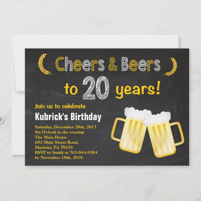 Cheers and Beers 20th Birthday Invitation (Front)