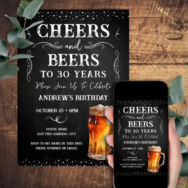 Cheers and Beers 30th Birthday Chalkboard Invitation (Creator Uploaded)