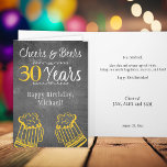 Cheers and beers 30th men milestone birthday funny card<br><div class="desc">Informal and fun cheers and beers to 30 years men thirty birthday greeting card with a fancy casual typography script, two yellow doodle beer mugs, and swirls on a rustic vintage dark grey chalkboard background. Suitable for any age or milestone male birthday party or long-distance virtual celebration. Easy to personalise...</div>