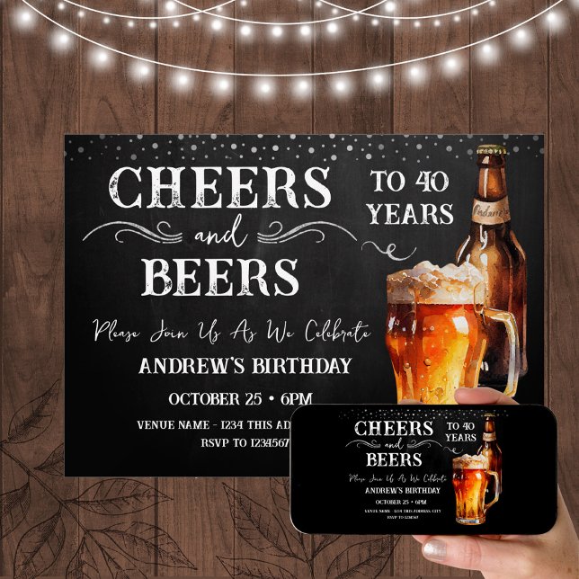 Cheers and Beers 40th Birthday Rustic Invitation (Creator Uploaded)