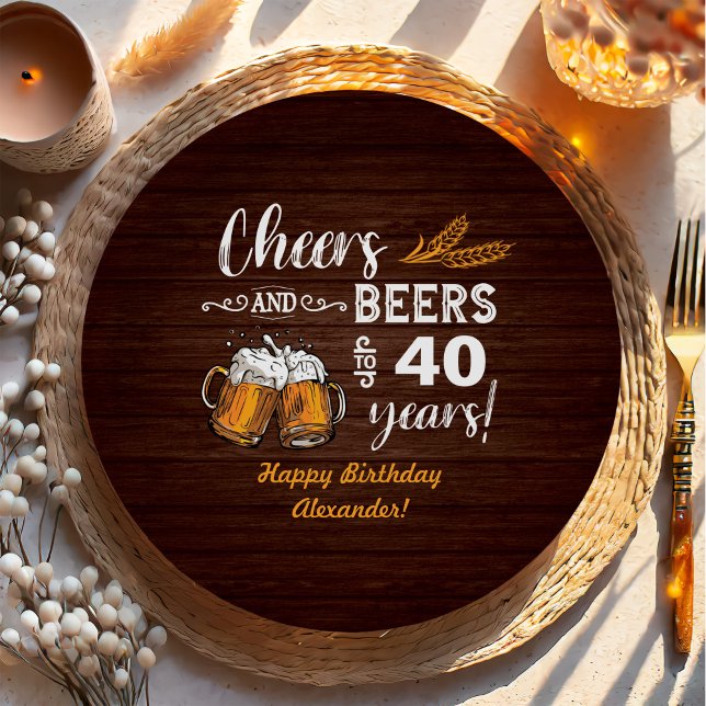 Cheers and Beers 40th Birthday Rustic Paper Plate (Creator Uploaded)