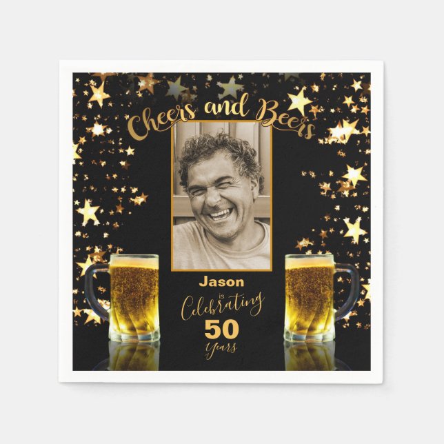 Cheers and Beers 50th Birthday Black + Gold Stars Napkin (Front)
