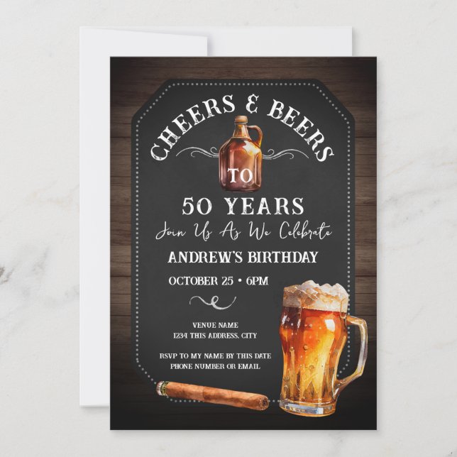Cheers and Beers 50th Birthday Party Cigar Invitation (Front)