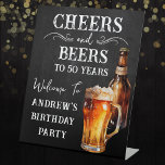 Cheers and Beers 50th birthday Pedestal Sign<br><div class="desc">Rustic Black Chalkboard watercolor beer bottle and pint glass. Rustic Outdoor or bar birthday decore for him. Any age. Easy to personalised template. All text can be adjusted using the design option. Fun,  simple,  casual birthday invites for him.</div>