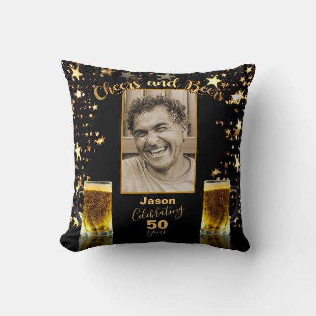 Cheers and Beers 50th Birthday Photo Template Cushion (Front)
